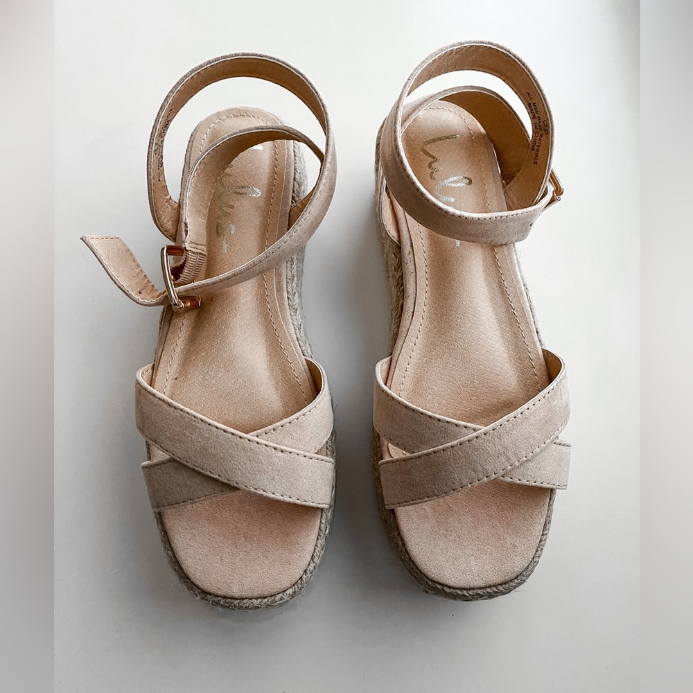 LuLus Nude Wedge Sandals - COBI